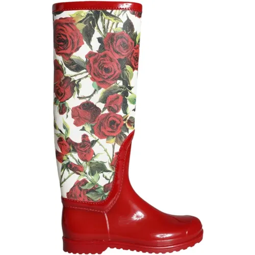 Rain Boots, female, , Size: 6 US Red Floral Rubber Knee High Boots - Dolce & Gabbana - Modalova