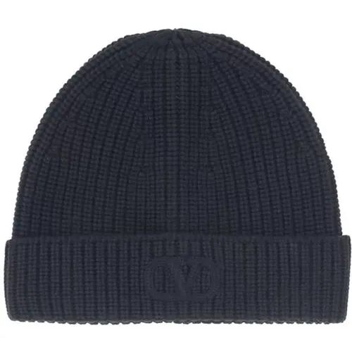 Beanies, male, , Size: ONE SIZE Ribbed Wool Beanie Hat with VLogo - Valentino Garavani - Modalova