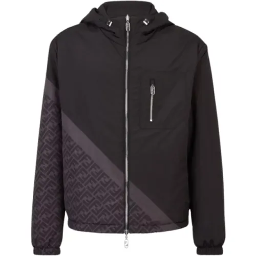 Reversible Windbreaker Hooded Jacket Gray Diagonal Motif , male, Sizes: M - Fendi - Modalova