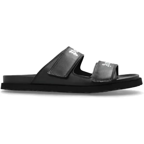 Sliders, male, , Size: 10 US Leather slides with logo - Palm Angels - Modalova