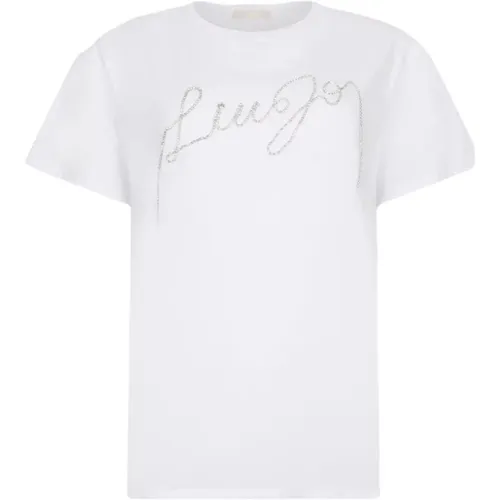 T-Shirts, female, , Size: XS Blue Denim Rhinestone Logo T-shirt - Liu Jo - Modalova