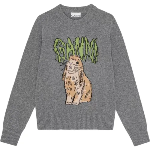 Kaninchen Grafik Wollpullover , Damen, Größe: L - Ganni - Modalova