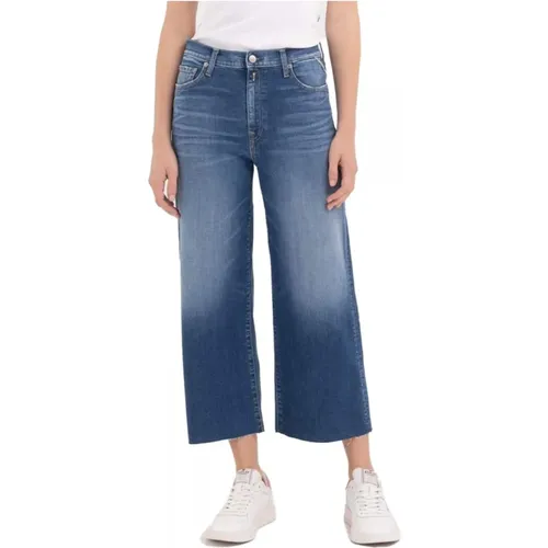 Weite Bein Cropped Jeans in Dunklem Indigo , Damen, Größe: W31 - Replay - Modalova