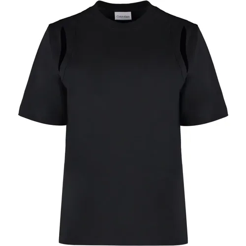 Geripptes Crew-Neck Baumwoll T-Shirt , Damen, Größe: XS - Calvin Klein - Modalova