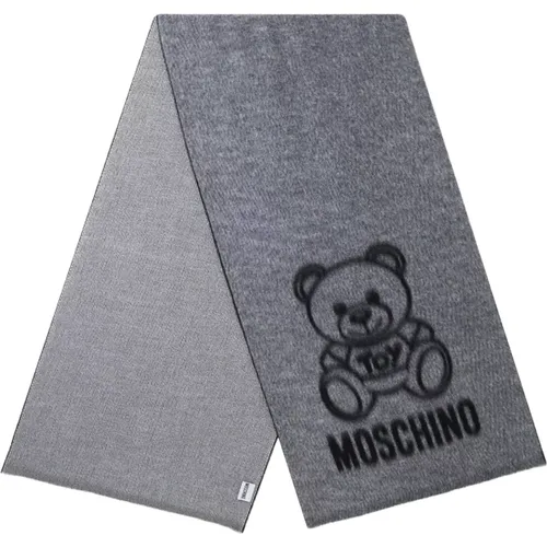 Winter Scarves, unisex, , Size: ONE SIZE Gray Wool Scarf with Logo Embroidery - Moschino - Modalova