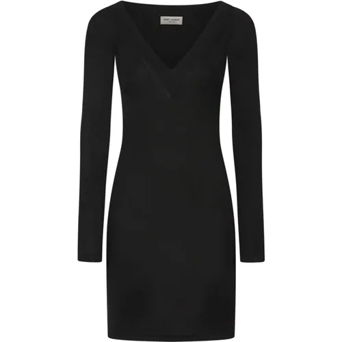 Schwarzes Knielanges Kleid mit Langen Ärmeln - Saint Laurent - Modalova