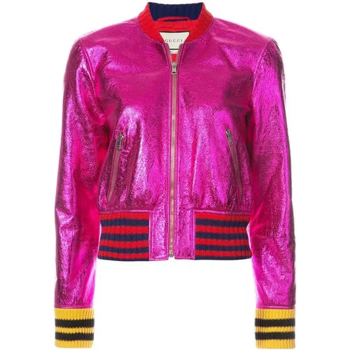 Bomber Jackets, female, , Size: XS Metallic Leather Bomber Jacket with Knit Stripes - Gucci - Modalova