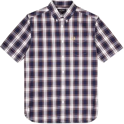Authentic Checkered Short Sleeve Shirt with Bottom Button , male, Sizes: S - Fred Perry - Modalova