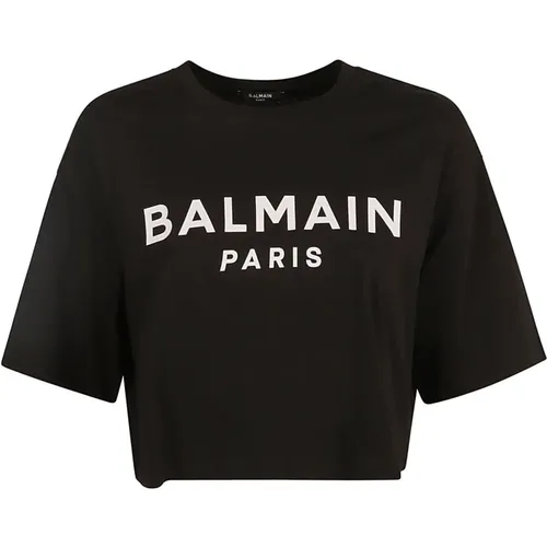 Logo Print Cropped T-Shirt Noir/Blanc , Damen, Größe: S - Balmain - Modalova
