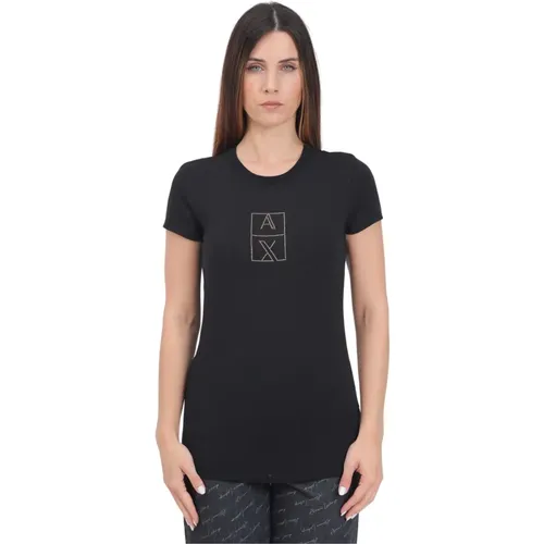 Schwarzes T-Shirt mit kurzem Ärmel und Logodetail , Damen, Größe: L - Armani Exchange - Modalova