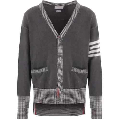 Cardigans, male, , Size: XL Grey and White Cotton Knit Cardigan with Hector Intarsia - Thom Browne - Modalova