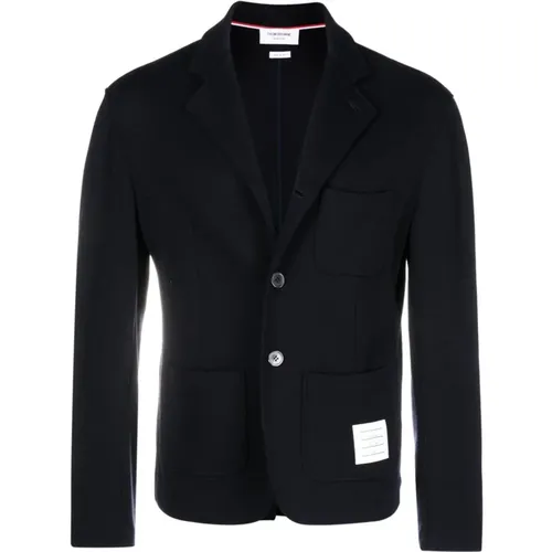 Blazers, male, , Size: L Navy Wool Knit Jacket with Classic Lapel and Button Closure - Thom Browne - Modalova