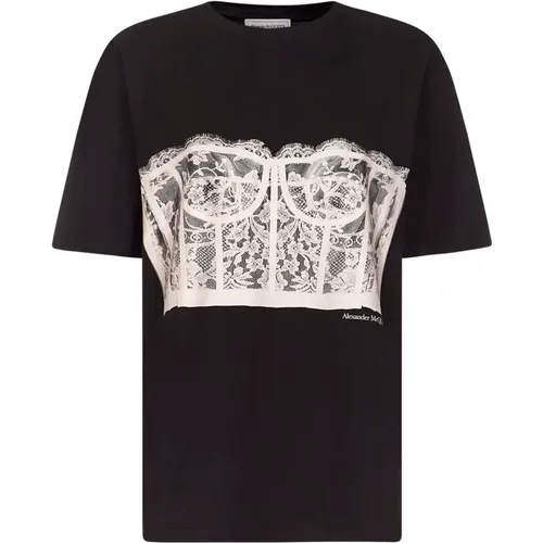 Schwarzes Oversize-T-Shirt mit Spitzenkorsett-Print - alexander mcqueen - Modalova
