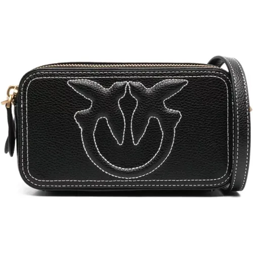 Leather Shoulder Bag with Embroidered Logo , female, Sizes: ONE SIZE - pinko - Modalova