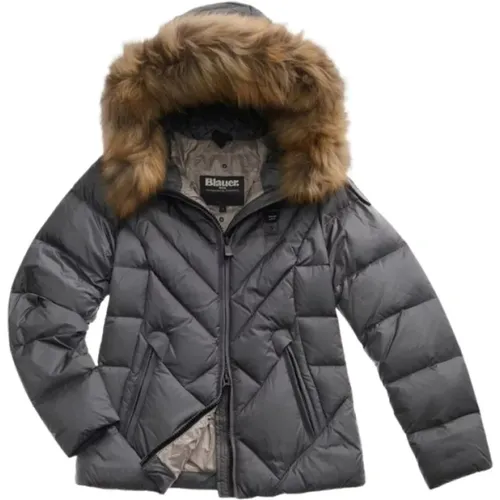 Winter Jackets, female, , Size: M Grey Quilted Down Jacket with Geometric Lines - Blauer - Modalova