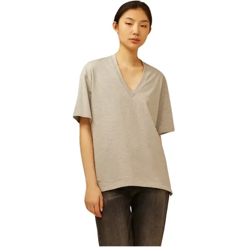 Baumwollstrick T-Shirt mit V-Ausschnitt , Damen, Größe: M - Semicouture - Modalova