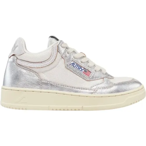 White and Silver Leather Mid-Top Sneakers , female, Sizes: 6 UK - Autry - Modalova