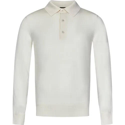 Round-neck Knitwear, male, , Size: XL Ivory Cashmere Silk Long-Sleeved Polo Sweater - Tom Ford - Modalova