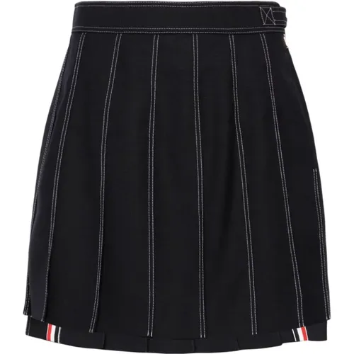Navy Wool Pleated Skirt , female, Sizes: XS - Thom Browne - Modalova
