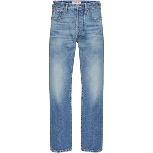 Straight Jeans, male, , Size: W32 Denim Straight Jeans Logo Plate - Valentino Garavani - Modalova