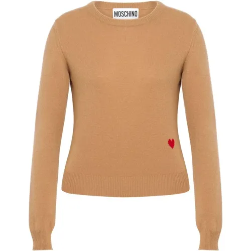 Brauner Pullover mit Herz-Motiv und Rundhalsausschnitt , Damen, Größe: S - Moschino - Modalova