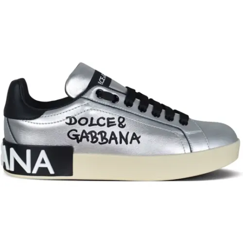 Sneakers, male, , Size: 6 US Silver Leather Sneakers - Dolce & Gabbana - Modalova