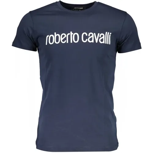 Blau T-Shirt mit kurzen Ärmeln und Logo-Print - Roberto Cavalli - Modalova