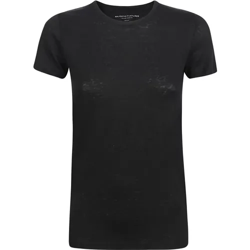 Schwarze Leinen Elastan T-shirts und Polos , Damen, Größe: S - majestic filatures - Modalova