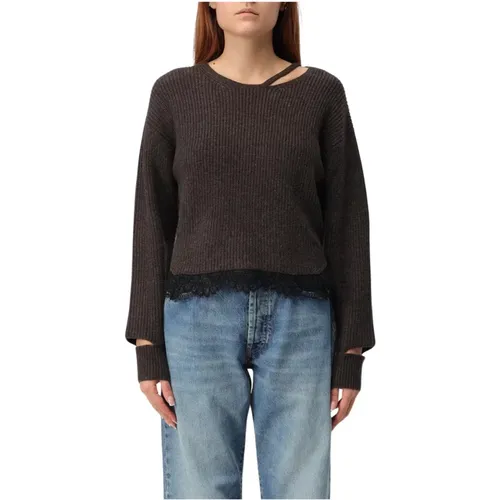 Brauner Rippstrickpullover mit Spitzenbesatz , Damen, Größe: M - pinko - Modalova