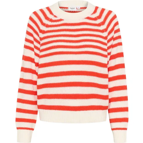 Round-neck Knitwear, female, , Size: S Striped Pullover Sweater Flame Scarlet - Saint Tropez - Modalova