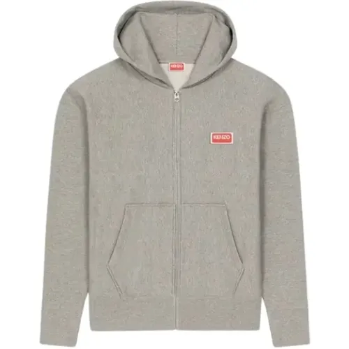 Zip-throughs, male, , Size: L Grey Hooded Zip Sweater with Logo - Kenzo - Modalova