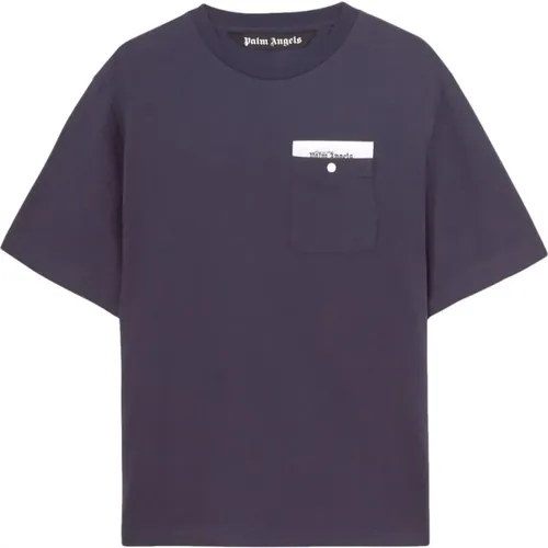 Blaue Crewneck T-Shirts und Polos mit Brusttasche , Herren, Größe: L - Palm Angels - Modalova
