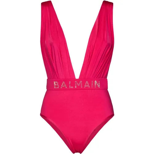 Fuchsia Draped One-Piece Swimsuit , female, Sizes: M - Balmain - Modalova