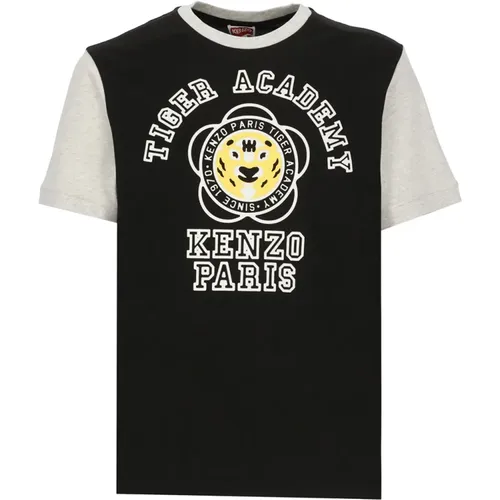 Schwarzes Tiger Academi Print T-Shirt,Logo-Print Farbblock T-Shirt - Kenzo - Modalova