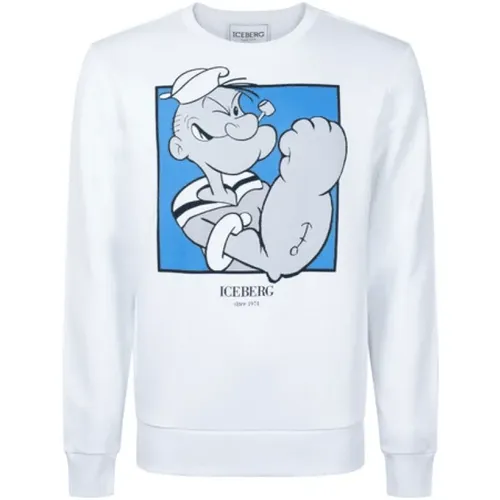 Weißes Slim Fit Crew Neck Sweatshirt mit Popeye Grafik , Herren, Größe: L - Iceberg - Modalova