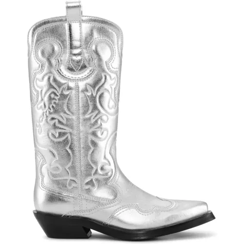 Cowboy Boots, female, , Size: 6 US Silver Metallic Embroidered Slip-On Boots - Ganni - Modalova