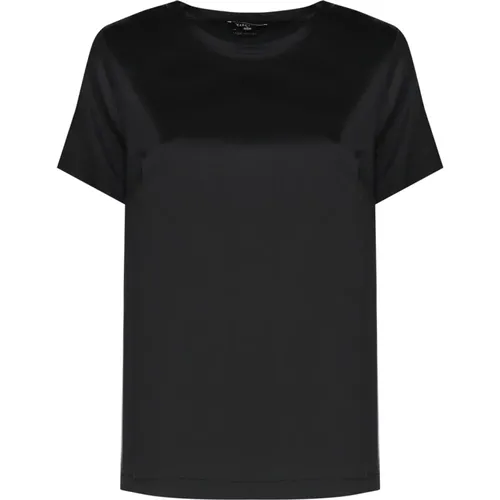 Schwarzes Seiden T-Shirt Runder Kragen Kurze Ärmel , Damen, Größe: XL - Guess - Modalova