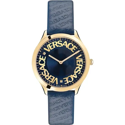 Logo Halo Lederuhr Blau Gold - Versace - Modalova