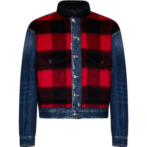 Blue Denim Worker Jacket with Tartan Insert , male, Sizes: S, M, XL, L - Dsquared2 - Modalova