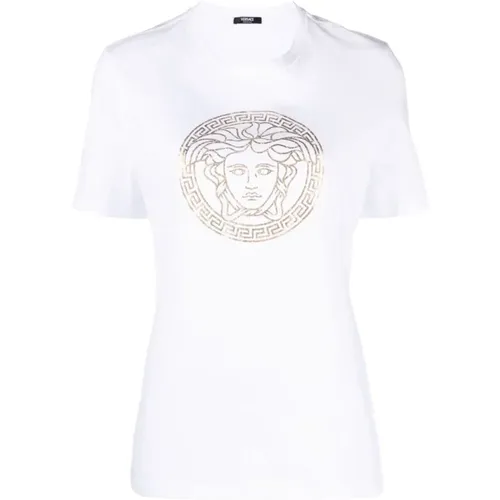 Weiße/Goldene T-Shirts und Polos mit Medusa-Kopf-Motiv , Damen, Größe: 2XS - Versace - Modalova
