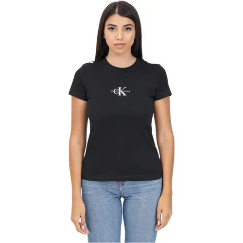 Schwarzes Logo-besticktes T-Shirt , Damen, Größe: S - Calvin Klein Jeans - Modalova