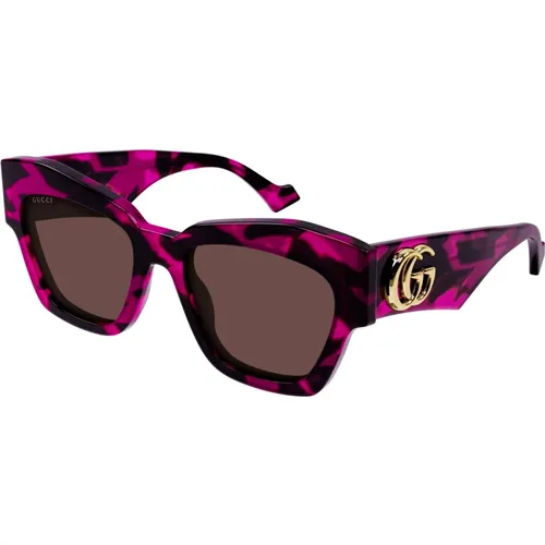 Pink Havana/Braune Sonnenbrille , Damen, Größe: 55 MM - Gucci - Modalova