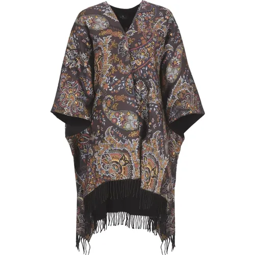 Black Floral Poncho with Fringes , female, Sizes: ONE SIZE - ETRO - Modalova