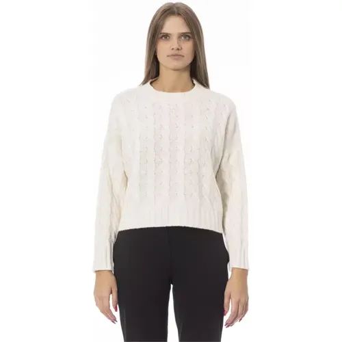 Beiger Woll-Crew-Neck-Pullover mit Monogrammdetail , Damen, Größe: L - Baldinini - Modalova