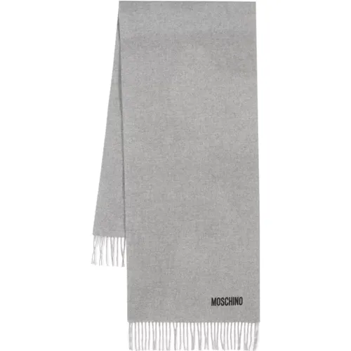 Winter Scarves, male, , Size: ONE SIZE Grey Fringed Wool Scarf Wrap - Moschino - Modalova