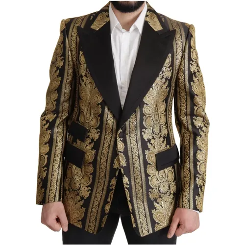 Blazers, male, , Size: 2XL Black Gold Jacquard Peak Lapel Blazer - Dolce & Gabbana - Modalova