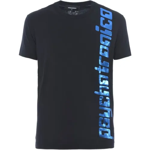 Schwarzes Baumwoll-T-Shirt mit Blauem Druck - Dsquared2 - Modalova