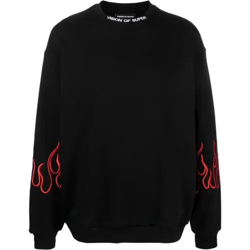 Schwarzer Pullover mit Roten Bestickten Flammen , Herren, Größe: S - VISION OF SUPER - Modalova