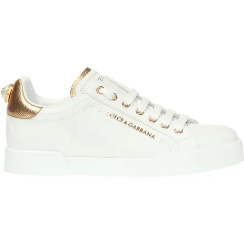 Weiße Ledersneakers mit goldenen und weißen Logo-Applikationen , Damen, Größe: 35 EU - Dolce & Gabbana - Modalova