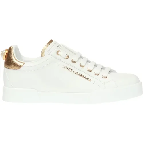 Weiße Ledersneakers mit goldenen und weißen Logo-Applikationen , Damen, Größe: 37 1/2 EU - Dolce & Gabbana - Modalova